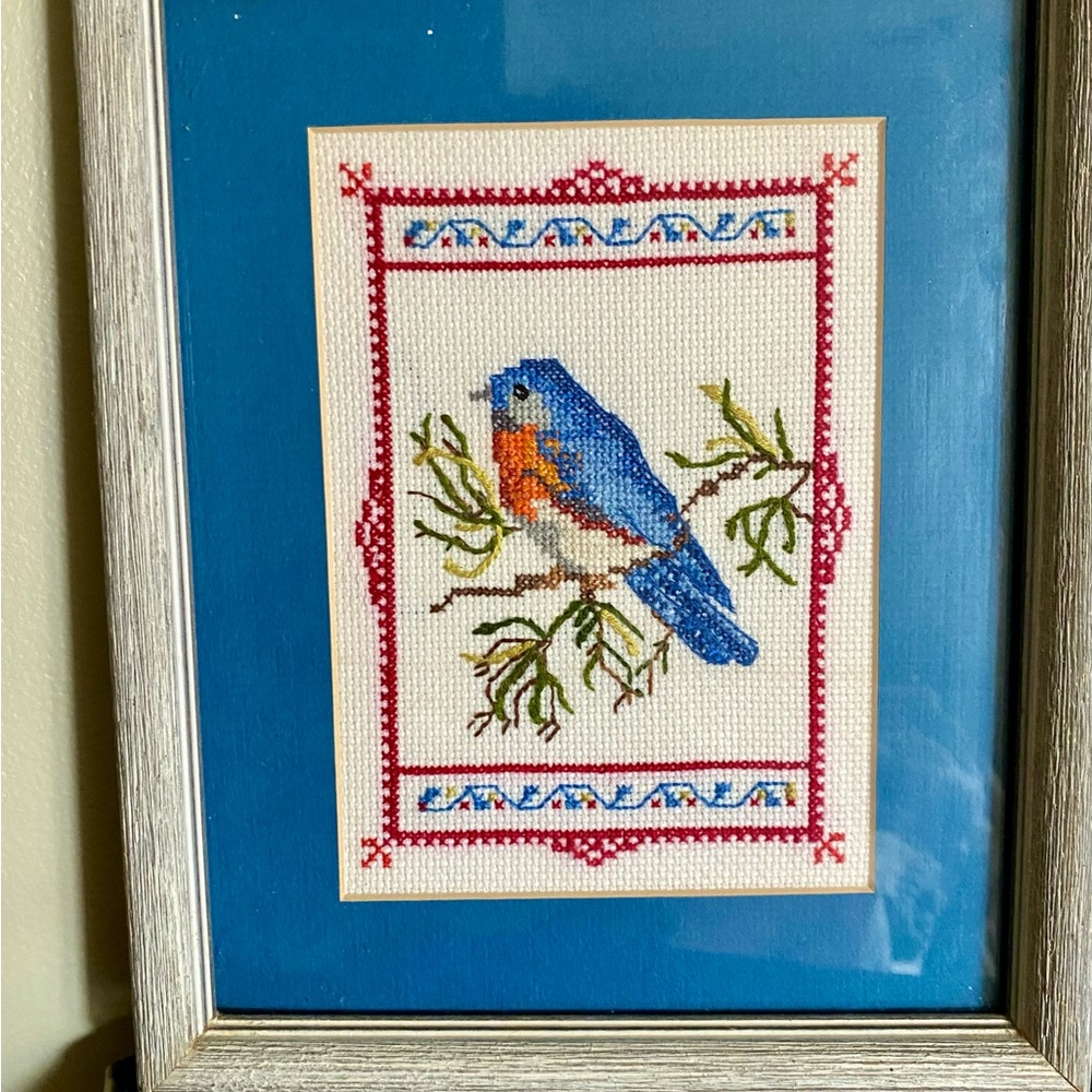 Blue, Green & Rust Bird Cross-Stitch Art